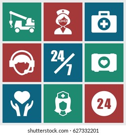 Assistance icons set. set of 9 assistance filled icons such as truck with hook, case with heart, heart on hand, nurse, operator, 24 hours, 24 hours support