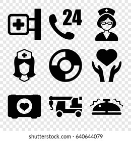 Assistance icons set. set of 9 assistance filled icons such as truck with hook, case with heart, medical cross, heart on hand, nurse, bell, lifebuoy