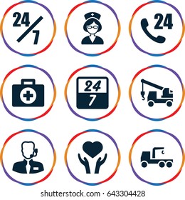 Assistance icons set. set of 9 assistance filled icons such as truck with hook, heart on hand, nurse, help support, 24 7 hour, 24 hours support