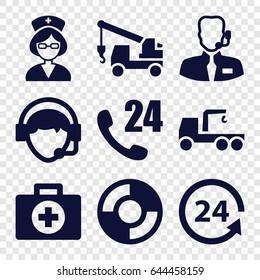 Assistance icons set. set of 9 assistance filled icons such as truck with hook, 24 support, operator, nurse, help support, lifebuoy, 24 hours support