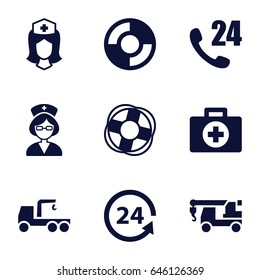 Assistance icons set. set of 9 assistance filled icons such as truck with hook, nurse, 24 support, lifebuoy, 24 hours support