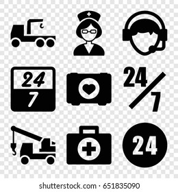Assistance icons set. set of 9 assistance filled icons such as truck with hook, case with heart, operator, nurse, 24 hours, 24 7 hour, 24 hours support