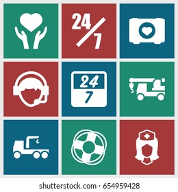 Assistance icons set. set of 9 assistance filled icons such as truck with hook, case with heart, heart on hand, nurse, operator, lifebuoy, 24 7 hour