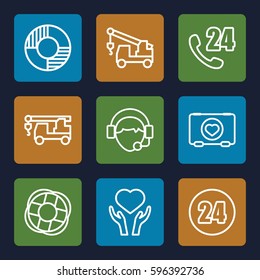 assistance icons set. Set of 9 assistance outline icons such as truck with hook, case with heart, heart on hand, operator, lifebuoy, 24 hours