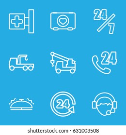 Assistance icons set. set of 9 assistance outline icons such as truck with hook, case with heart, medical cross, 24 support, operator, bell