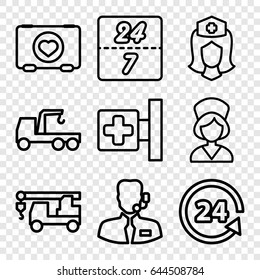 Assistance icons set. set of 9 assistance outline icons such as truck with hook, case with heart, medical cross, nurse, 24 support, help support