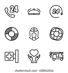 Assistance icons set. set of 9 assistance outline icons such as truck with hook, medical cross, heart on hand, nurse, bell, lifebuoy, 24 hours