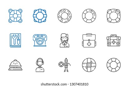 assistance icons set. Collection of assistance with float, help, lifeguard, customer service, reception bell, first aid kit, hours, manual. Editable and scalable assistance icons.