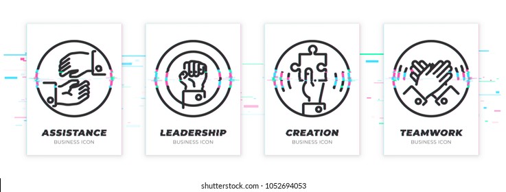 Assistance, leadership, creation, teamwork. Business theme glitched black icons set. Scalable vector objects on transparent background. Modern distorted glitch style.