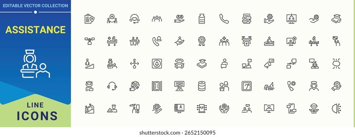 Assistance linear icon set. Support icon collection. It contains symbols to service, center, operator, support, assist, feedback and more. Pixel perfect. Editable vector.