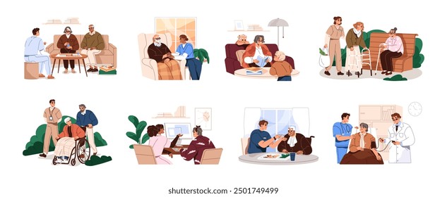 Assistance to old men and women set. Young people help, walk with granny, grandfather. Carers care about seniors health in hospital. Nursing home, service. Flat isolated vector illustrations on white