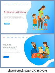 Assistance to orphans vector, helping homeless giving food and supplies for living, volunteer woman with kids presenting toys and book set. Website or slider app, landing page flat style