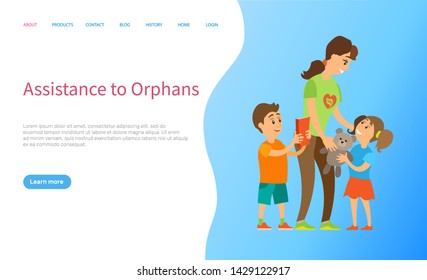 Assistance to orphans vector, volunteer with kids woman giving presents to child, plush toy bear and book, happy boy and girl, social worker. Website or slider app, landing page flat style