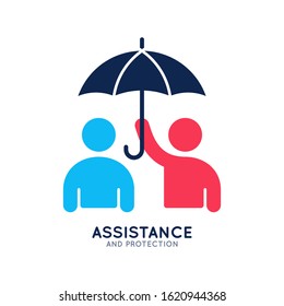 Assistance and protection logo. Teamwork business concept with umbrella on white background