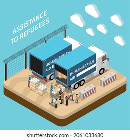 Assistance to refugees isometric background with team of volunteers giving help boxes to refuges from humanitarian aid van vector illustration