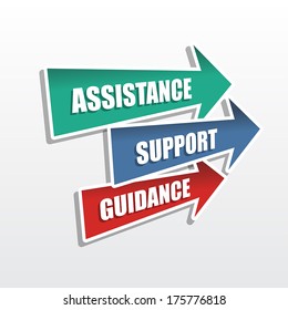 assistance, support, guidance in arrows, business concept words, flat design, vector