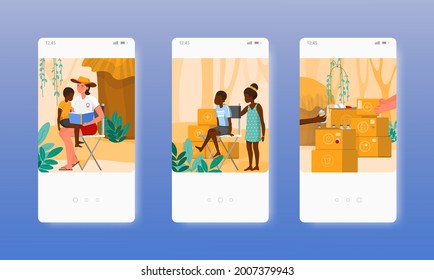 Assistance for third world developing countries. Mobile app screens, vector website banner template. UI, web site design