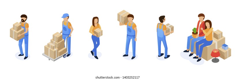 Assistance in Transporting Things Cartoon Flat. Small People on White Background. Men Uniform do Work Porters. Boy and Girl are Sitting on Packed Boxes and Wait. Vector Illustration.