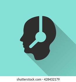 Assistance vector icon with long shadow. Black illustration isolated on green background for graphic and web design.