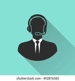 Assistance vector icon with long shadow. Illustration isolated on green background for graphic and web design.