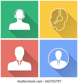 Assistance vector icon with long shadow. White illustration isolated on color background for graphic and web design.