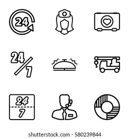 assistance vector icons. Set of 9 assistance outline icons such as truck with hook, case with heart, nurse, 24 support, bell, help support, lifebuoy, 24 7 hour