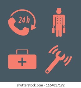 assistance vector icons set. with first aid bag, call center, bellhop and diagnostycs wrench in set