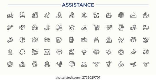 Conjunto de iconos de línea de Vector de asistencia. Conjunto de iconos de línea de ayuda. Iconos de estilo de línea delgada moderna. Contiene íconos como ayuda, Asistencia, asistencia, Servicio al cliente, centro y más. Colecciones de trazo editables.