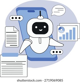App assistente, trabalho remoto a partir de casa, organizador assistente AI, robô bonito para planejamento de tarefas, pesquisa de informações. Chatbot para comunicação com o cliente, análise de dados, tecnologias modernas, inteligência de máquina