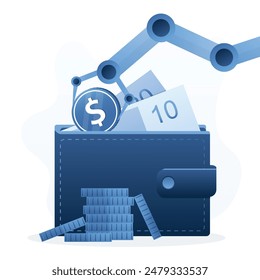 Assistant bot arm drops dollar coin into the wallet. AI robot helps invest successfully and make a profit. Budget planning using artificial intelligence. Savings with chatbot. flat vector illustration