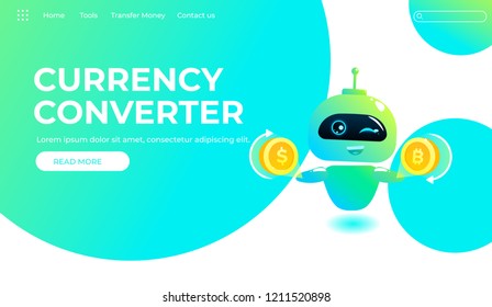 Assistant bot landing page template. Technical support design  for web page. Virtual help website. Chatbot with gold dollar coin, Currency converter online. Vector cartoon illustration