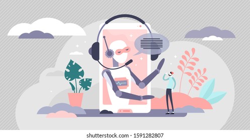 Assistant business robot automation, vector illustration concept. Flat tiny person client communication, support and assistance. Chat bot AI digital conversation secretary. Future customer service.
