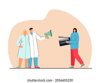 Assistant with clapper standing near actors who holding megaphone. Filmmaking scene flat vector illustration. Film industry concept for banner, website design or landing web page