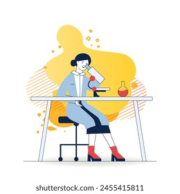 Assistant doing lab research. Woman in white coat using microscope at table with flask flat vector illustration. Laboratory, biochemistry concept for banner, website design or landing web page