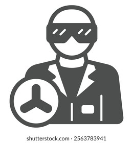 Assistant with eyeglasses solid icon, clinical research concept. Vector graphics. Man and laboratory experiment mark sign on white background, glyph style icon for mobile or web design