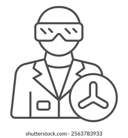 Assistant with eyeglasses thin line icon, clinical research concept. Vector graphics. Man and laboratory experiment mark sign on white background, outline style icon for mobile or web design