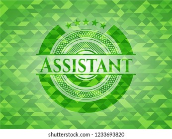 Assistant green emblem. Mosaic background