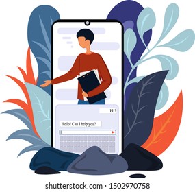 The assistant helps the client solve the problem through chat. Technical support for the application. Illustration in a flat style.