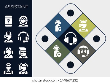 assistant icon set. 13 filled assistant icons.  Collection Of - Support, Clerk, Call center, Headset, Customer service, Customer support, Operator