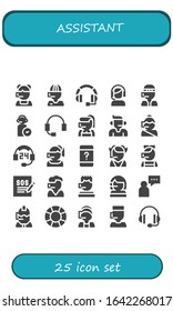 assistant icon set. 25 filled assistant icons.  Simple modern icons such as: Call center, Headset, Customer service, Operator, Support, Supporter