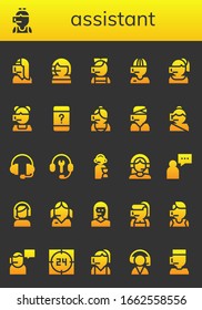 assistant icon set. 26 filled assistant icons. Included Call center, Customer service, Support, Customer support, Operator, Supporter, Teleoperator icons