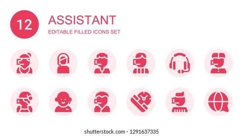 assistant icon set. Collection of 12 filled assistant icons included Call center, Customer service, Headset, Service