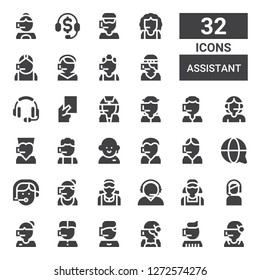 assistant icon set. Collection of 32 filled assistant icons included Call center, Customer service, Clerk, Phone operator, Red card, Headset, Telemarketing