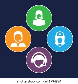 Assistant icons set. set of 4 assistant filled icons such as nurse, customer support, operator