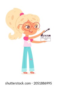 Assistant kid of movie director making cinema film vector illustration. Cartoon girl filmmaker character in glasses holding clapperboard to make video film, filming, work in studio isolated on white