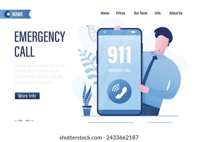 Assistant Manager mit Handy. 911 Notruf, Landing Page Template. Support 247, Konzeptbanner. Kundendienst. Notrufzentrale-App. Hotline für Helpdesk. Vektorgrafik