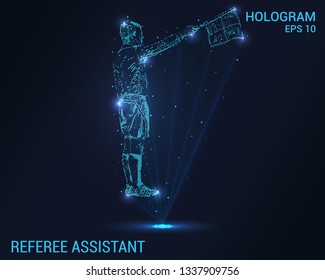 Assistant referee hologram. Digital and technological background of football. Futuristic referee design