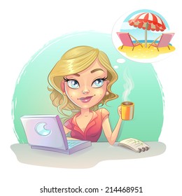 Assistant secretary  cartoon woman at computer laptop. Technical support is dreaming thoughts of vacation tour. Vector illustration