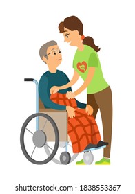 Assistant straightening blanket on senior, male sitting on wheelchair, old man and volunteer, caring to handicapped, pensioner and female characters vector