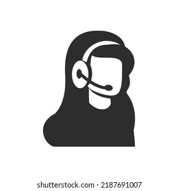 Assistant, Support icon. woman with an earpiece and a microphone. Consultation by phone. Black and white symbol. Vector illustration